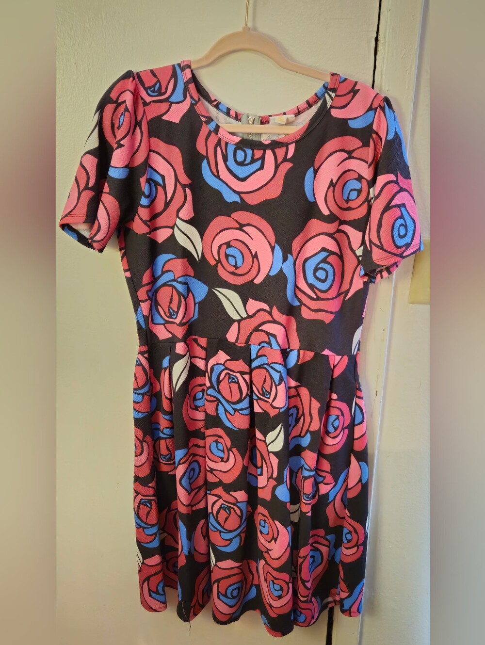 Women's Black Floral Fit & Flare Dress - Pink & Blue Roses